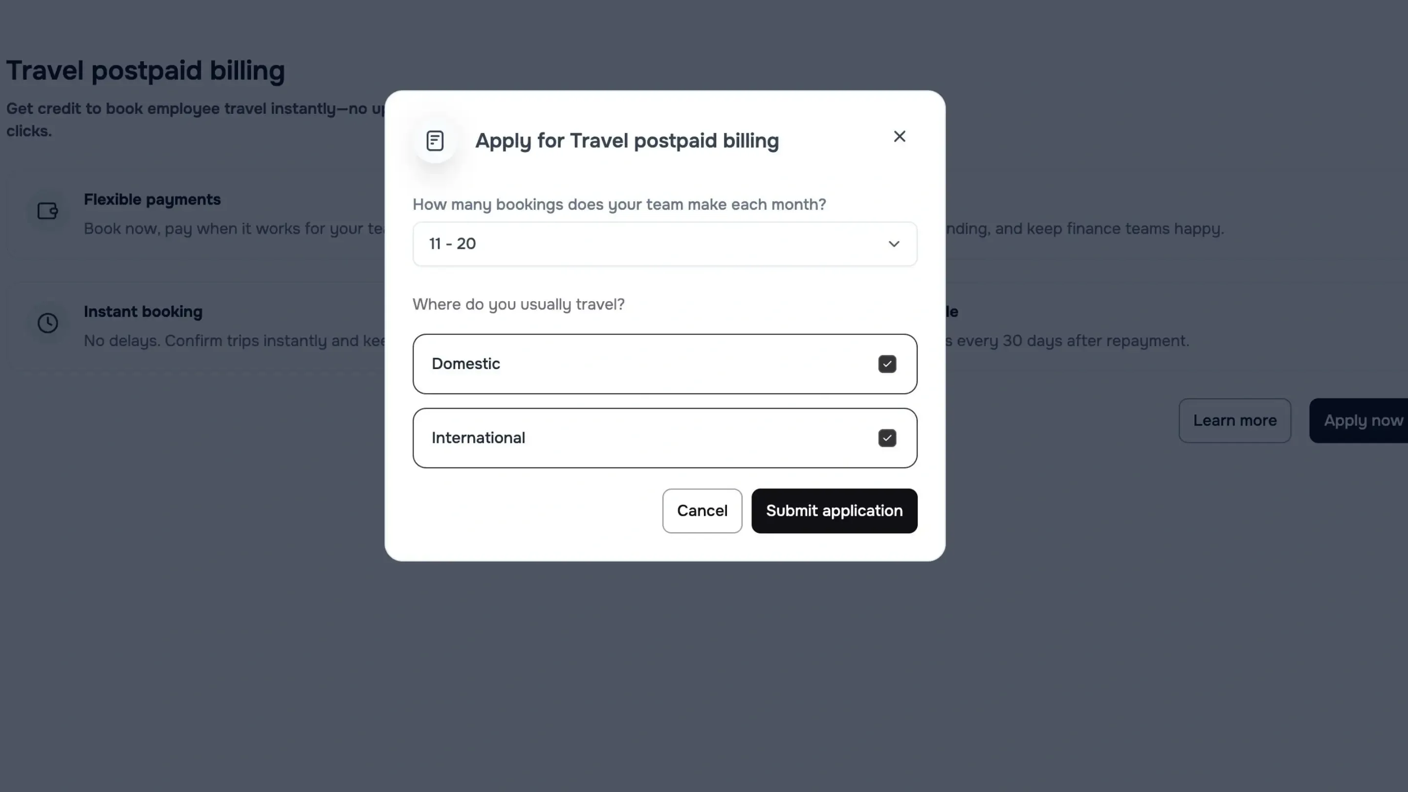 Travel post-paid billing